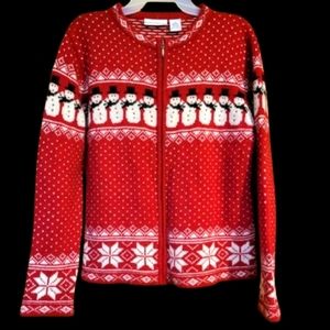 Silk Angora Christmas Sweater Croft & Barrow Red Zip Cardigan Snowman Flakes S